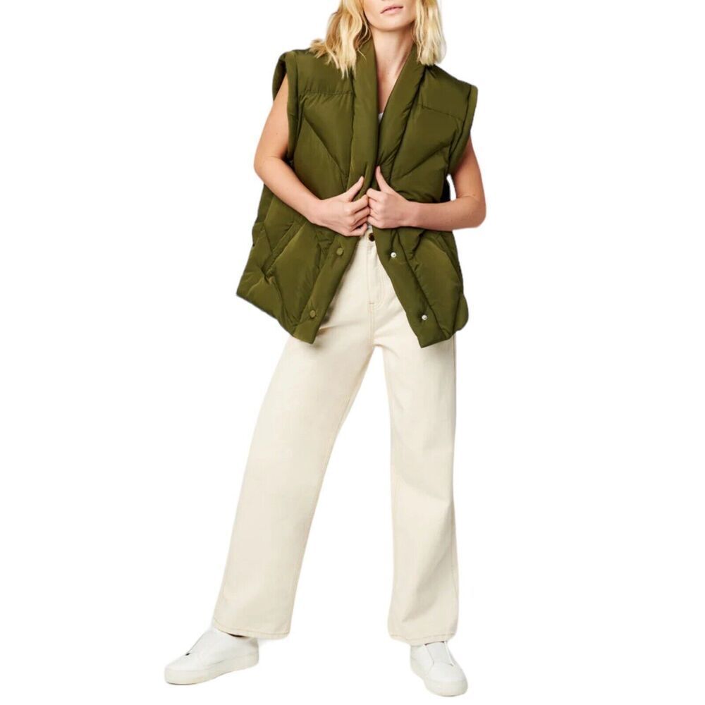 Blank NYC Vest Womens XS Green Quilted Snap Button Shawl V-neck Gorpcore Puffer - Picture 15 of 16